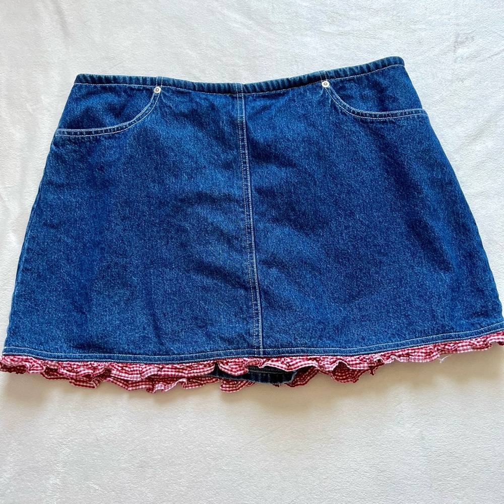 Vintage Denim Skort with Red and White Gingham Ruffle Detail and Pockets